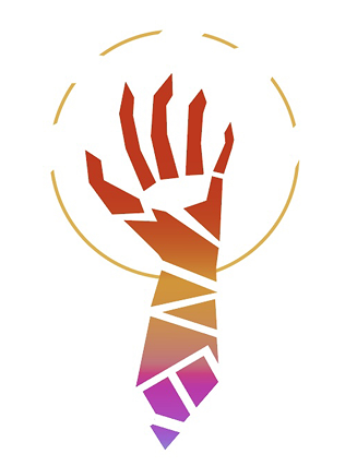 fragmented orange hand with a orange and purple gradient on white background